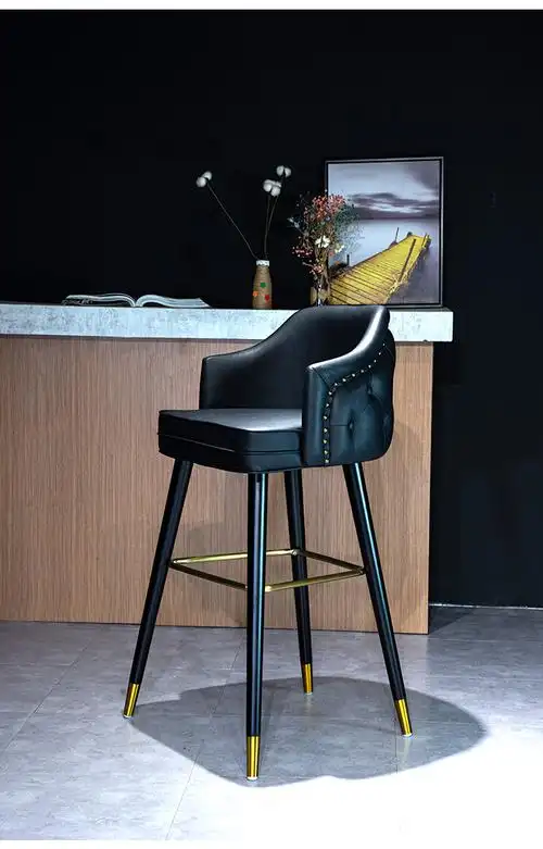 北欧家用吧台椅现代酒吧轻奢铁艺高脚椅简约前台接待靠背休闲吧椅黑色