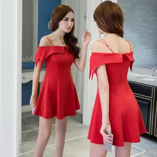 夜场女装性感2018新款夏季气质显瘦一字肩露肩带裙小礼服连衣裙黑色