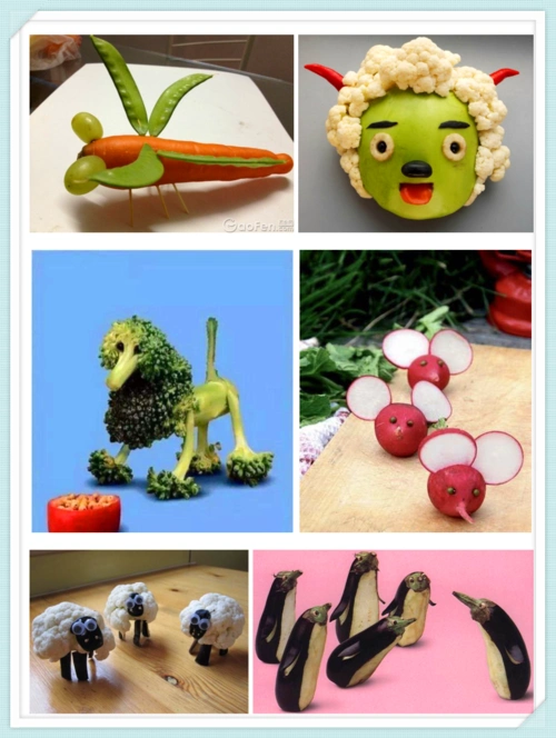 动手时间到了,今天我们的制作任务是动物全家福,请你用准备好的蔬菜