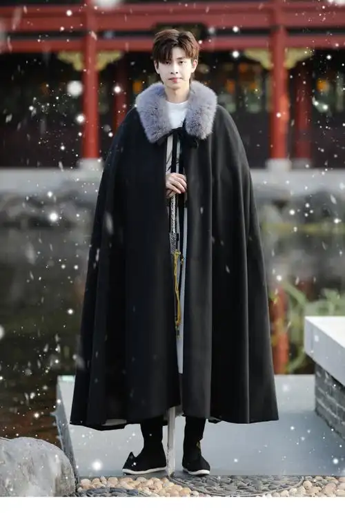 中式唐装改良汉服中国风男装披风男冬季黑色加绒加厚斗篷日常侠客中长
