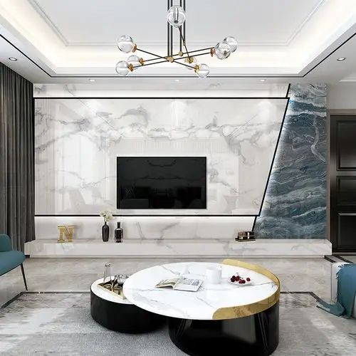 现代简约客厅电视背景墙瓷砖微晶石轻奢大理石板材悬空影视墙造型
