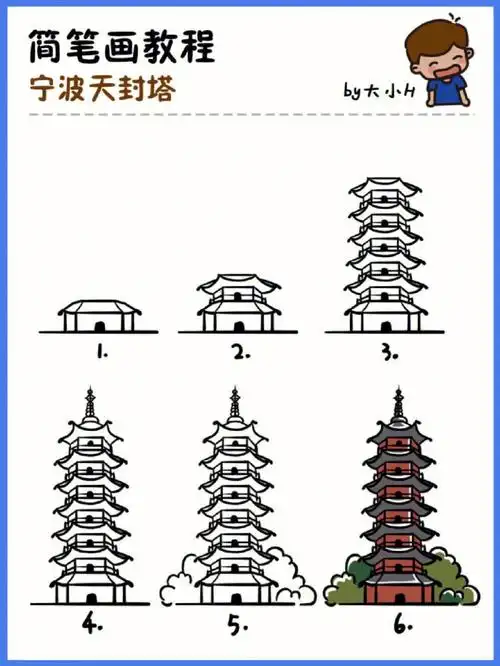 如何画宁波天封塔地标建筑简笔画教程43