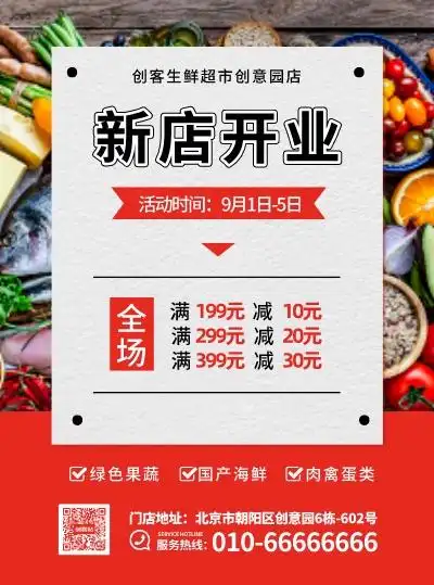 创意红色图文生鲜超市新店开业宣传单