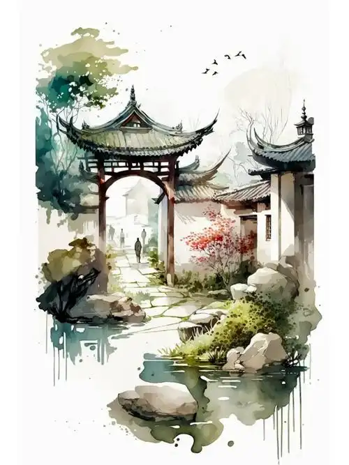古风庭院场景水彩画