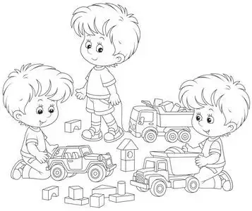 小男孩玩玩具汽车和砖头,一本黑白矢量插图的着色书照片