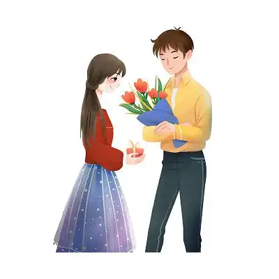 彩色手绘卡通浪漫情人节人物情侣交换礼物元素png素材214情人节元素