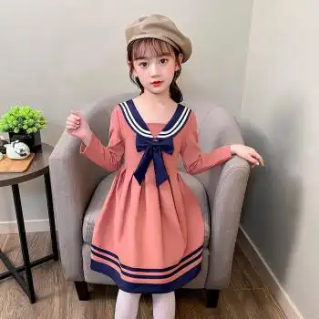 乔僖枫女童连衣裙秋装日系学院风海军领蝴蝶结a字裙中大童长袖校服裙