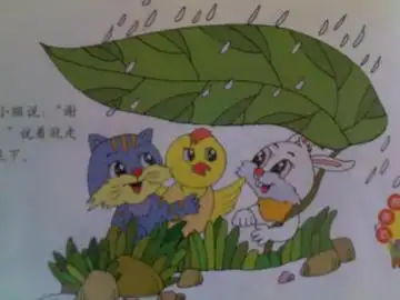 小白兔和小鸡一起说:"小猫,小猫,快到荷叶伞下躲躲雨吧.