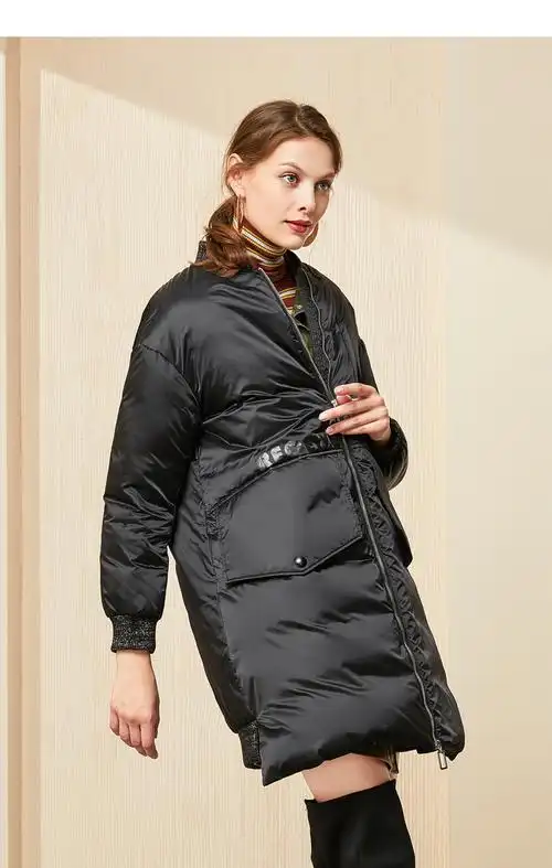 艾莱依冬季新款韩版时尚亮面宽松羽绒服女中长款601801014 炭黑 165