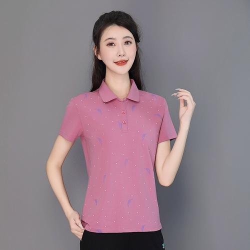 女大码女士t恤宽松短袖上衣翻领带领经典摩力克2024印花体恤夏季