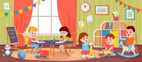 的病媒游戏室有娱乐的男女人物在室内玩耍的儿童幼园活动卡通学龄插画