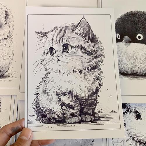 线描可爱小动物临摹卡儿童创意美术明信片素描初级动物画稿卡片