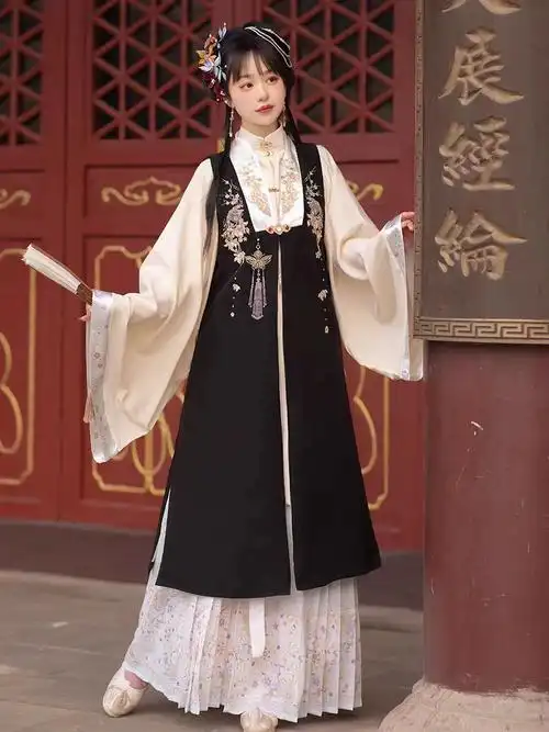 明制刺绣长比甲立领对襟长衫原创汉服女青衣百迭裙春秋季套装