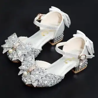 女童皮鞋高跟公主鞋小女孩主持人演出走秀银色儿童水晶鞋 高跟银白色