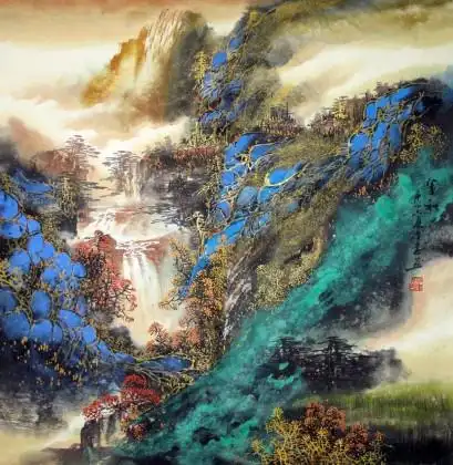 重彩山水画《金秋》 - 写意山水画 - 99字画网