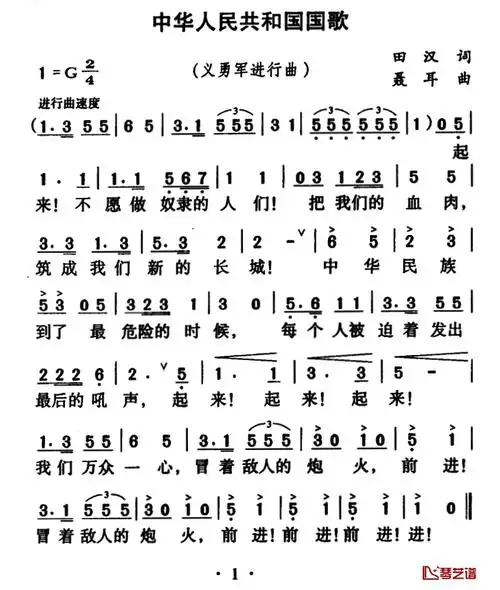 义勇军进行曲简谱-国歌