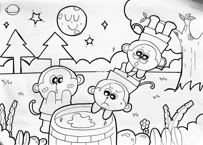 猴子捞月故事的整套的简笔画