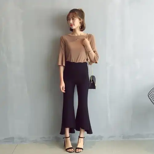 夏季新款韩版女黑色裤子喇叭裤修身显瘦高腰