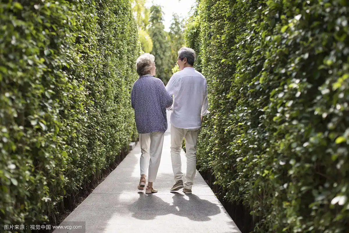 快乐的老年夫妇散步