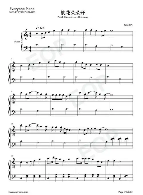 桃花朵朵开c调简单版五线谱预览1