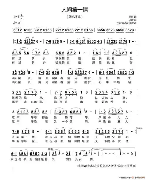 人间第一情(张也演唱)简谱-曲谱 - 酷好简谱