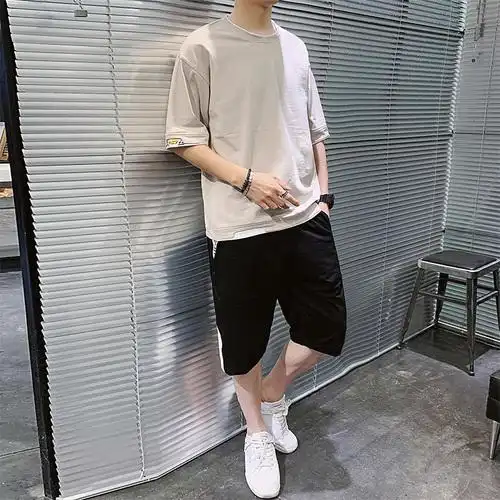 夏季纯棉短袖t恤男潮流假两件宽松五分袖套装男tx2650-p52