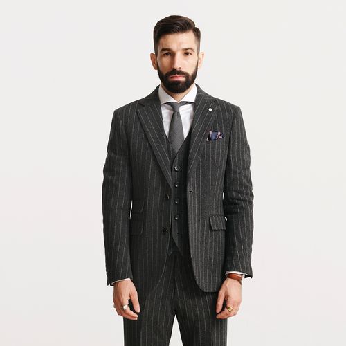 秋冬英伦复古绅士高定品质银行家竖条条纹修身西服