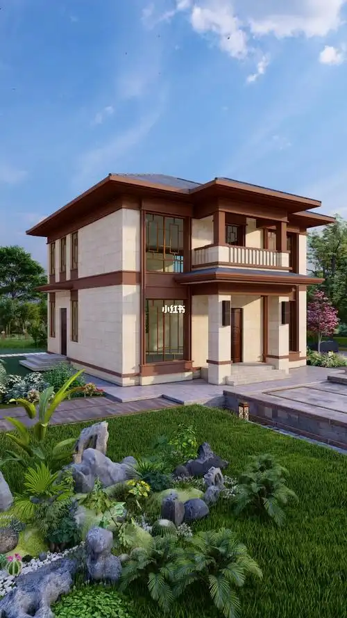 小面积新中式二层别墅外观效果图