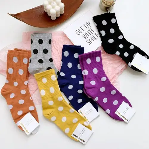 韩国袜子批发女士棉袜彩色圆点ins时尚甜美东大门20秋冬中筒袜子