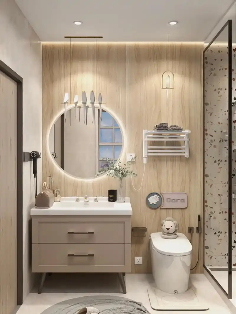 4.8平,木纹砖墙上,温暖的"一"字型卫生间设计,有一样的参 - 抖音