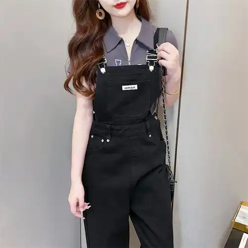 【实拍特价】黑色牛仔背带裤女高腰宽松直筒吊带裤裤