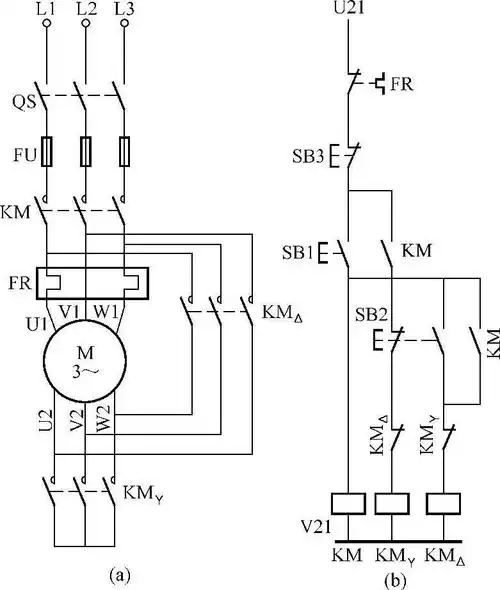 (b)控制电路 当三相异步电动机容量较大(大于10kw)时,因启动电流较