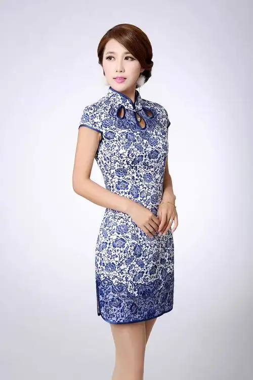 森格莉雅2013夏装新款时尚改良琵琶襟青花瓷低开衩短旗袍