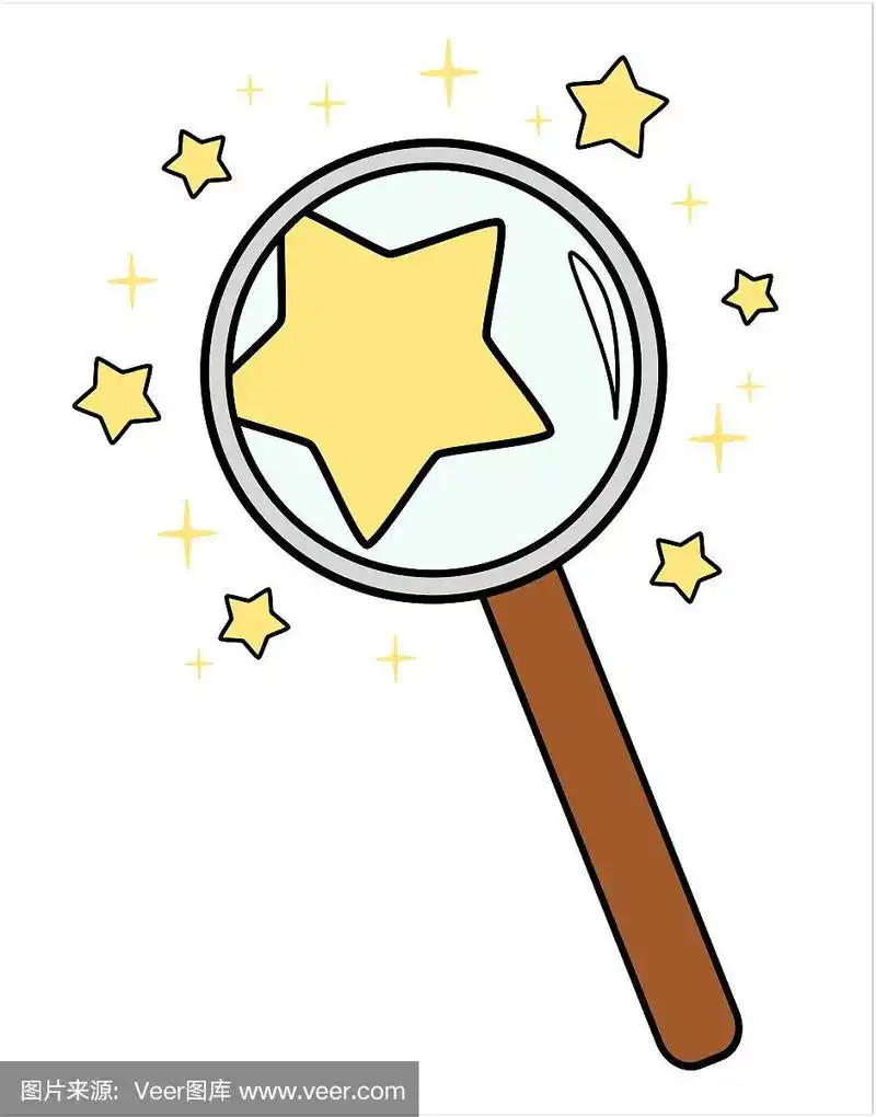 卡通放大镜与可爱的星星矢量概念插图孤立在白色的背景