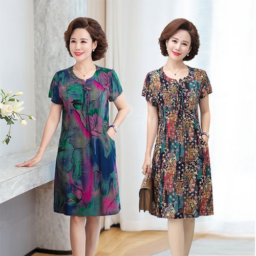 中老年人女奶奶装棉绸过膝连衣裙胖妈妈夏装大码遮肚洋气直筒裙子