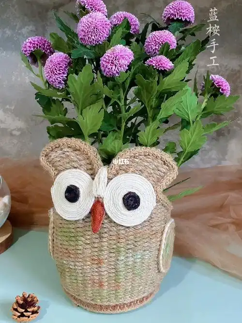 麻绳手工编织猫头鹰收纳筐花盆笔筒多用