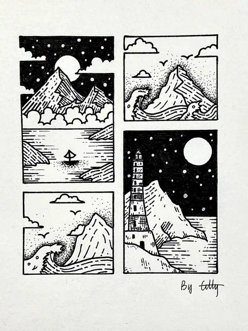 漫画格黑白简笔画✨(32)|山水 #画画 #简笔画 #漫画 - 抖音