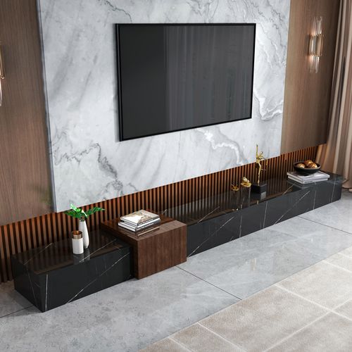 天然爵士大理石电视柜黑白长条地台极简客厅茶几电视柜