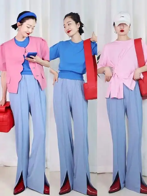 尤其是春夏季节的话,可以运用一些浅蓝色的裤子来进行搭配,清爽减龄