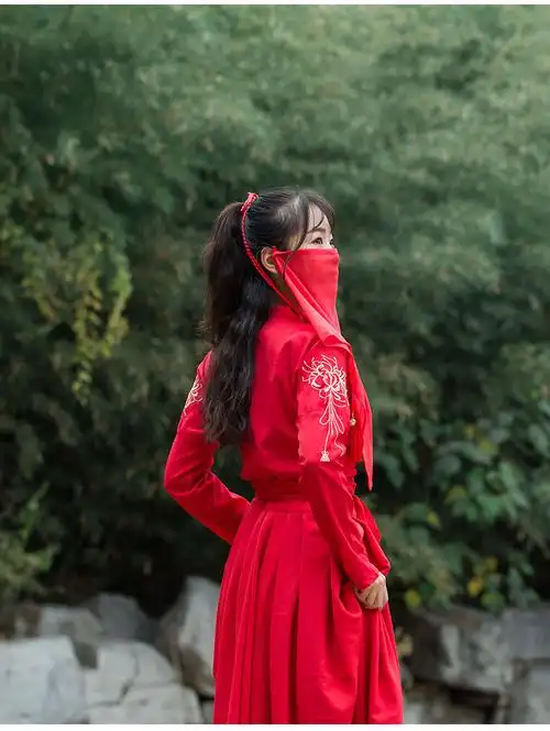 汉服古代古风面纱遮脸半透飘逸舞蹈表演头饰古装配饰面帘同款素面红纱