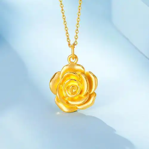 梦金园玫瑰花足金吊坠优雅花朵黄金吊坠女硬金挂坠礼物配链送女士生日