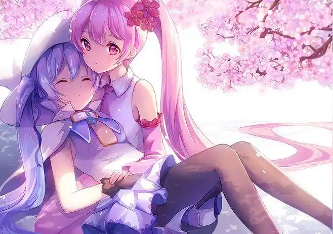 2girls blue_hair cape cherry_blossoms flowers glo