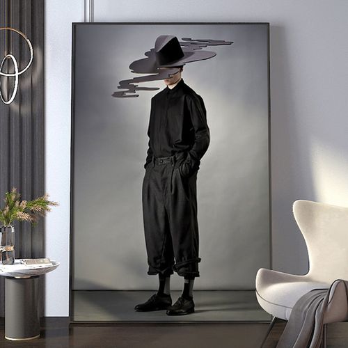 黑白灰人物玄关装饰画时尚男模特服装店壁画商场走廊过道轻奢挂画