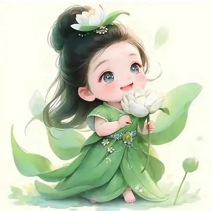 "插画中的小女孩,身穿翠绿的古装,手持一朵盛开的白莲,背景是一片浅绿