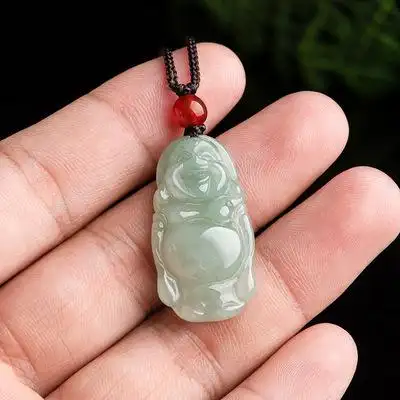 天然缅甸a货翡翠钱油青弥勒佛吊坠冰种玉石挂件女款四会玉器fg10