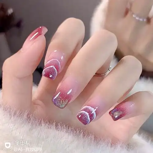 波浪渐变晶石猫眼学生党美甲图片