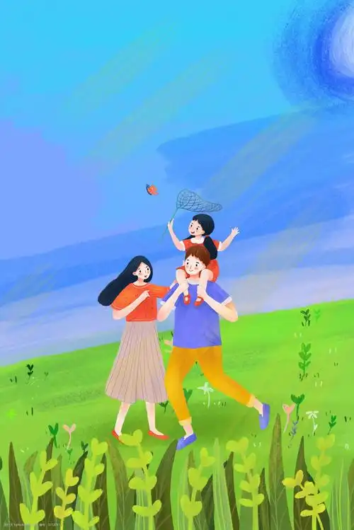 春天温馨一家人出游插画海报