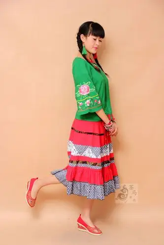 民族风棉麻拼接系带多层大摆裙高腰半身裙舞 批发 春装