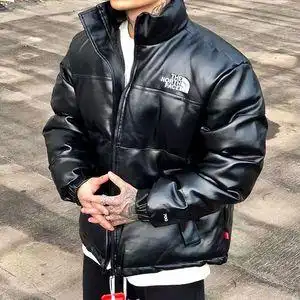 the north face 北面羽绒服美版supreme联名pu皮面情侣男女棉衣服