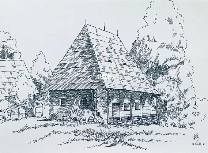 晴天建筑速写带透视的房子